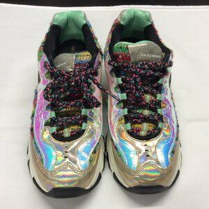 Skechers D-Lites Metallic Lace Up Sneakers Iridescent 10 M Silver Gold 2015